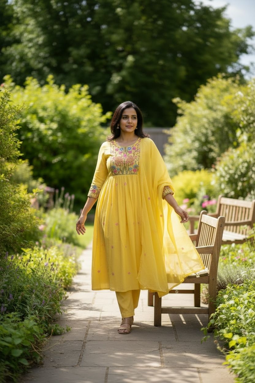 Sunshine Yellow Mul Cotton Anarkali Salwar Set with Dupatta