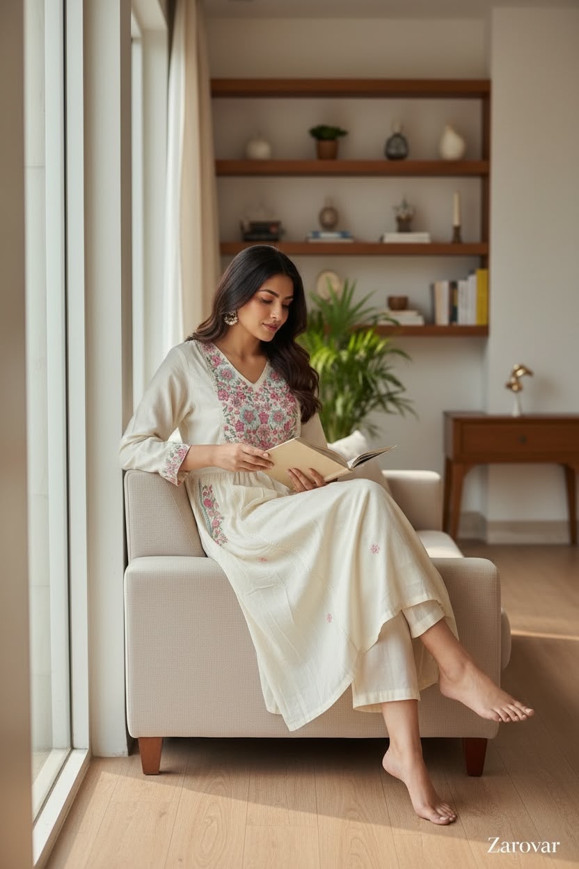 Peach Mul Cotton Embroidered Salwar Set with Dupatta