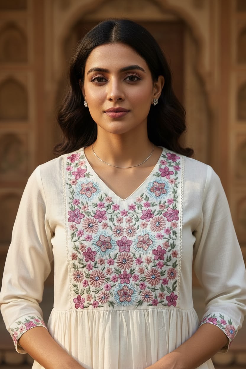 Peach Mul Cotton Embroidered Salwar Set with Dupatta