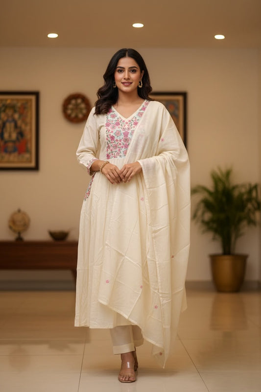 Peach Mul Cotton Embroidered Salwar Set with Dupatta