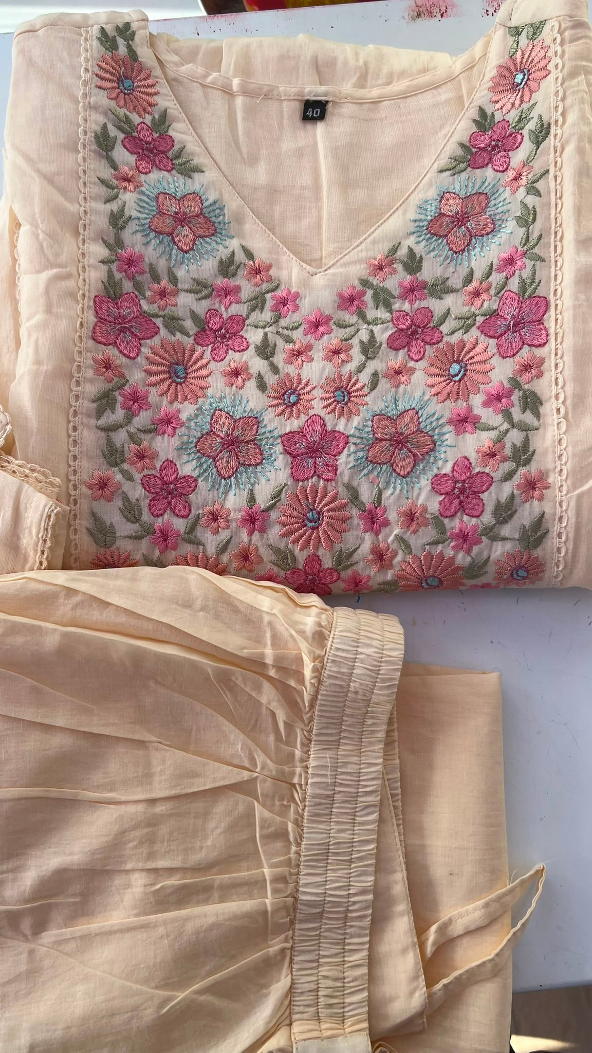 Peach Mul Cotton Embroidered Salwar Set with Dupatta