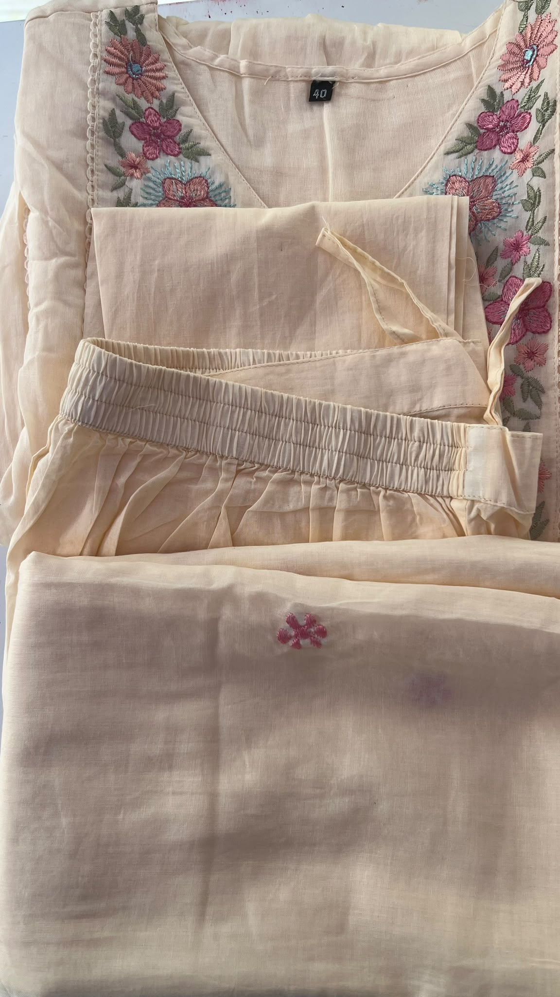 Peach Mul Cotton Embroidered Salwar Set with Dupatta