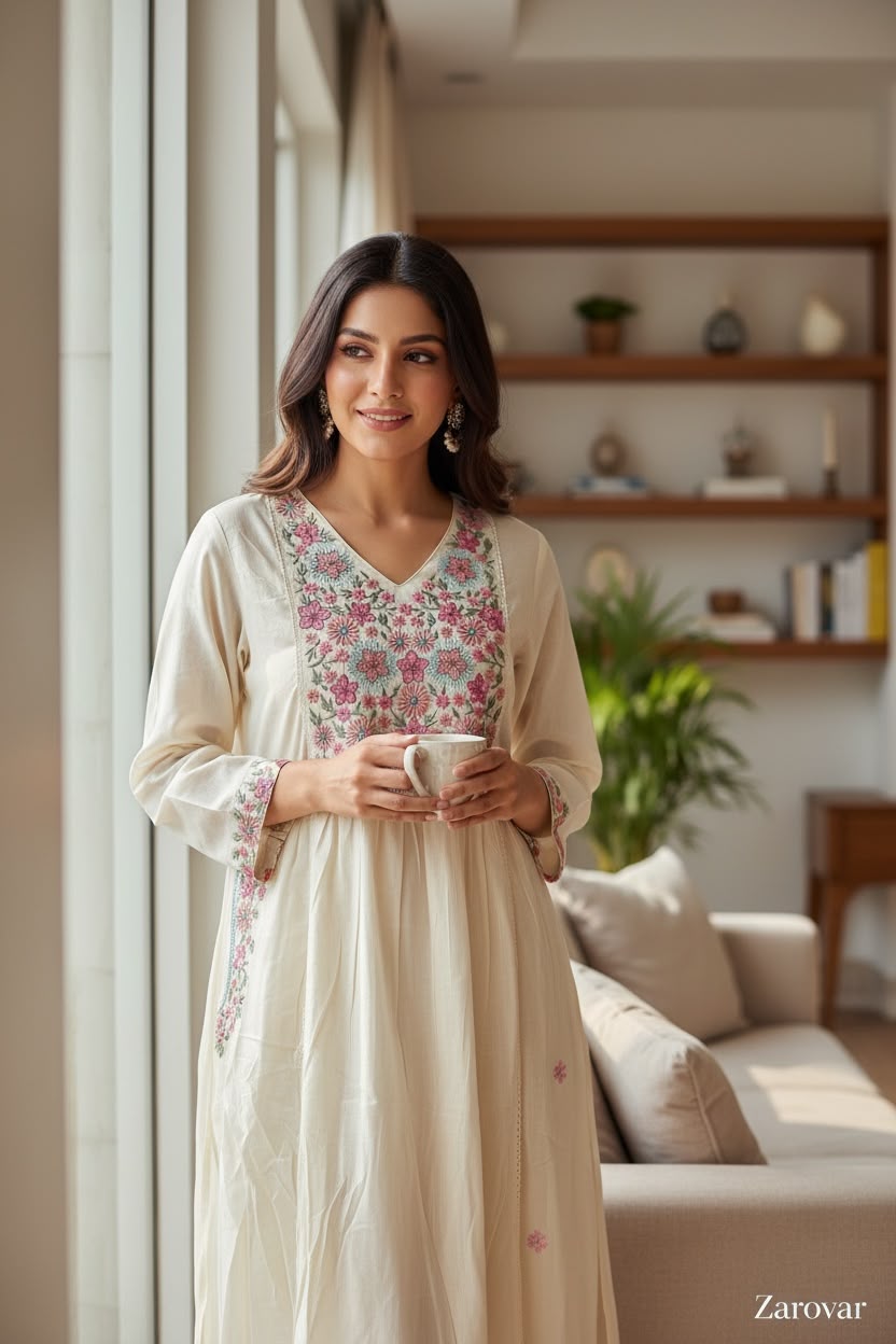 Peach Mul Cotton Embroidered Salwar Set with Dupatta