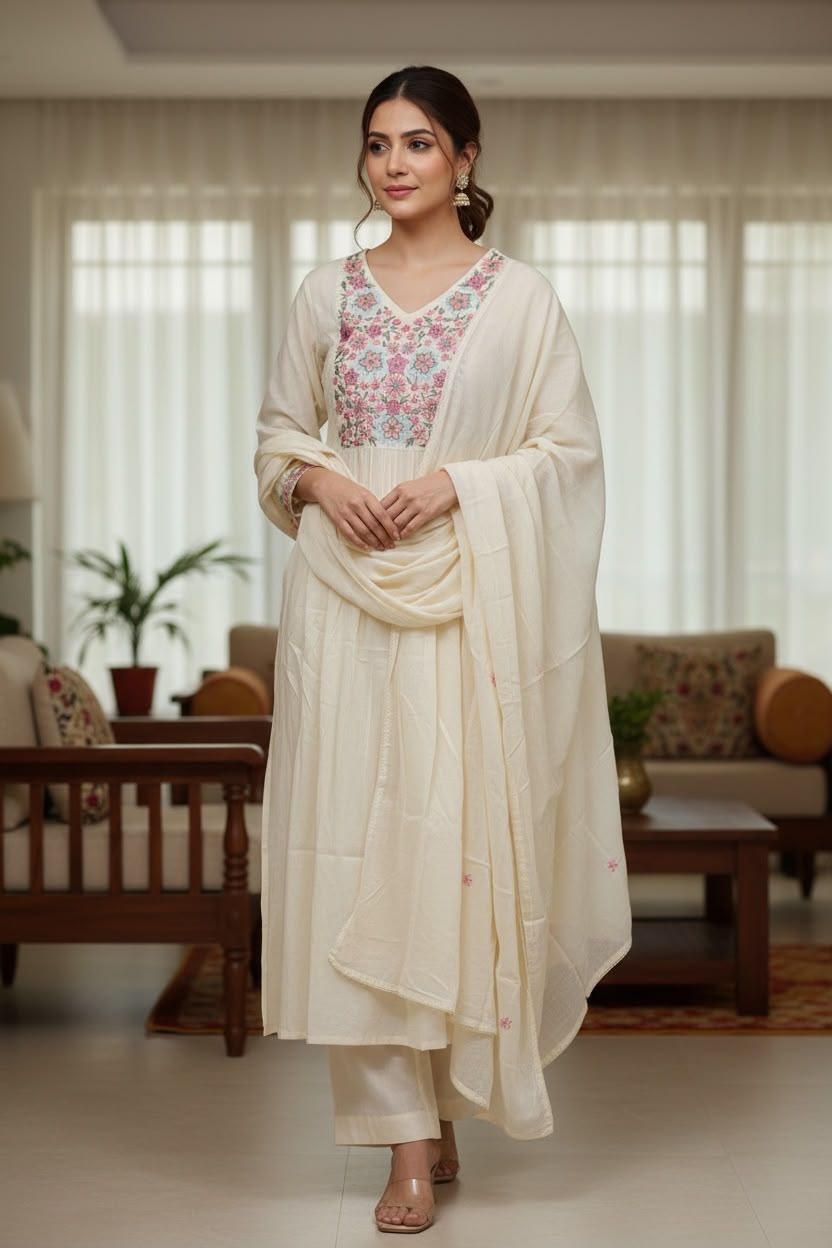 Peach Mul Cotton Embroidered Salwar Set with Dupatta