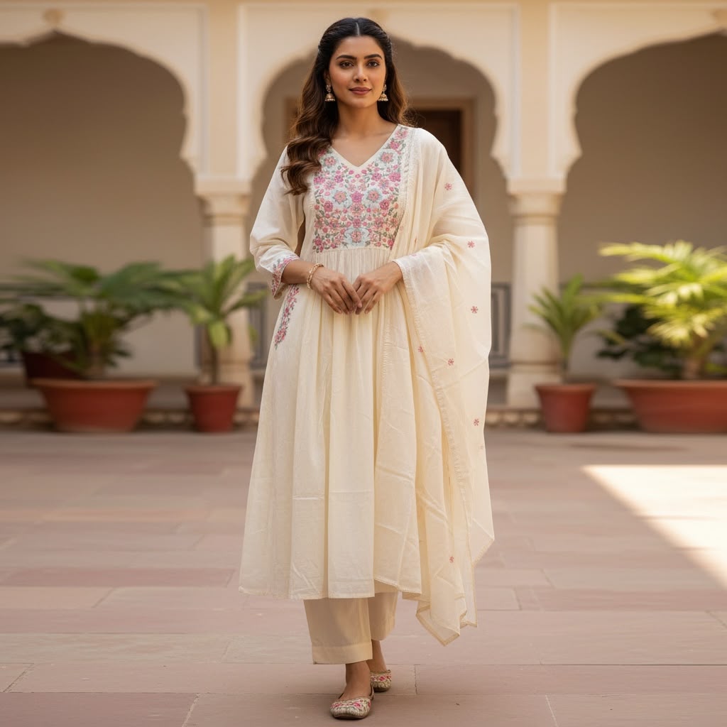 Peach Mul Cotton Embroidered Salwar Set with Dupatta