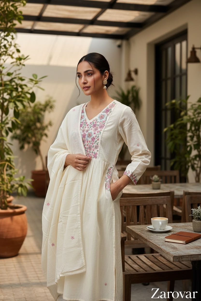 Peach Mul Cotton Embroidered Salwar Set with Dupatta