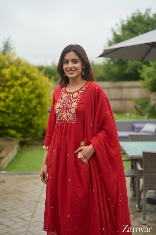 Crimson Mul Cotton Embroidered Salwar Set with Dupatta