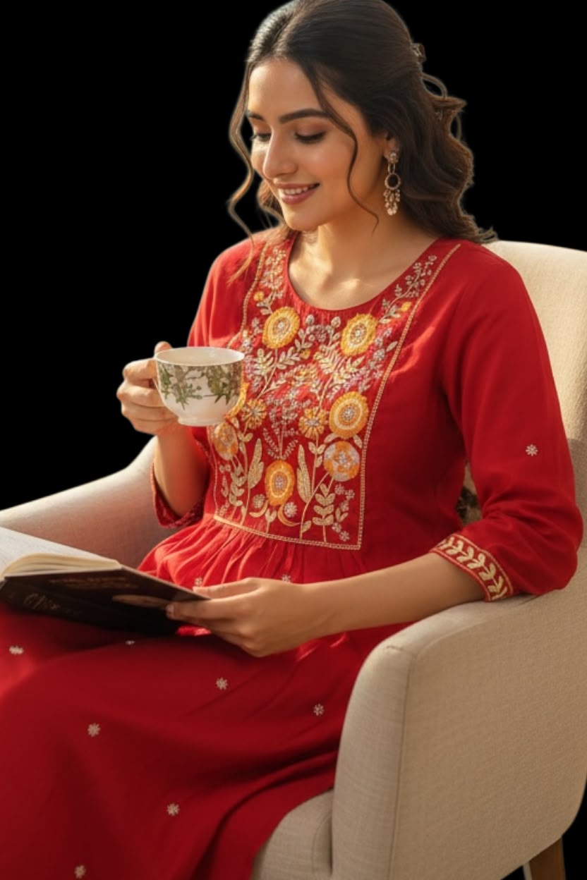 Crimson Mul Cotton Embroidered Salwar Set with Dupatta