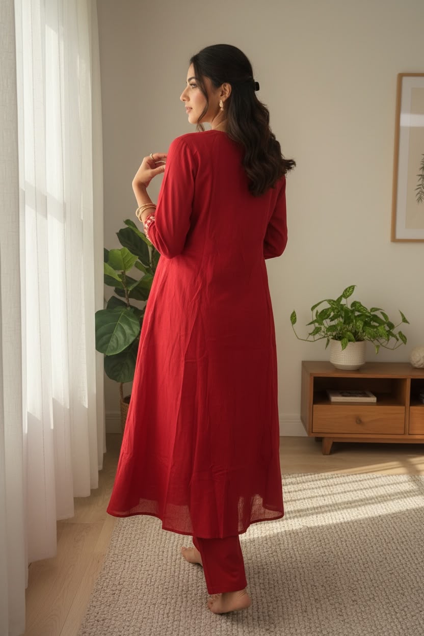 Crimson Mul Cotton Embroidered Salwar Set with Dupatta