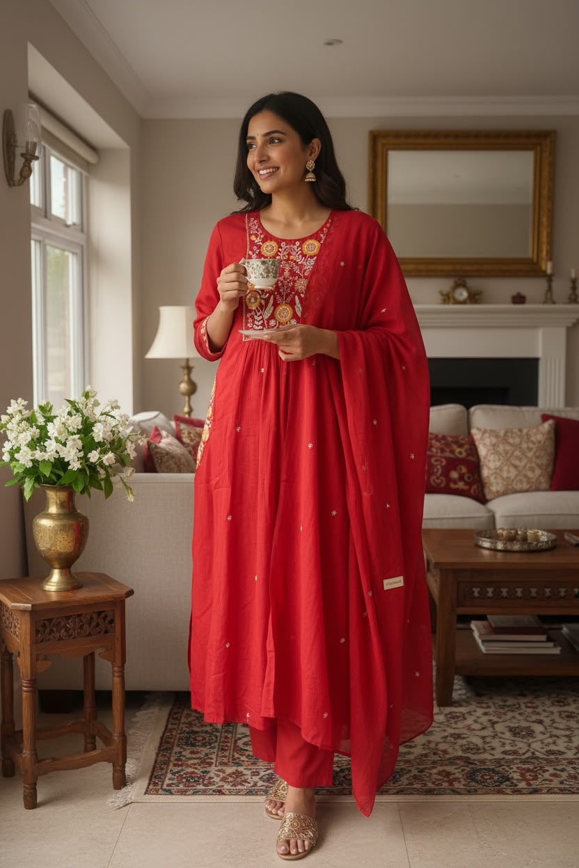 Crimson Mul Cotton Embroidered Salwar Set with Dupatta