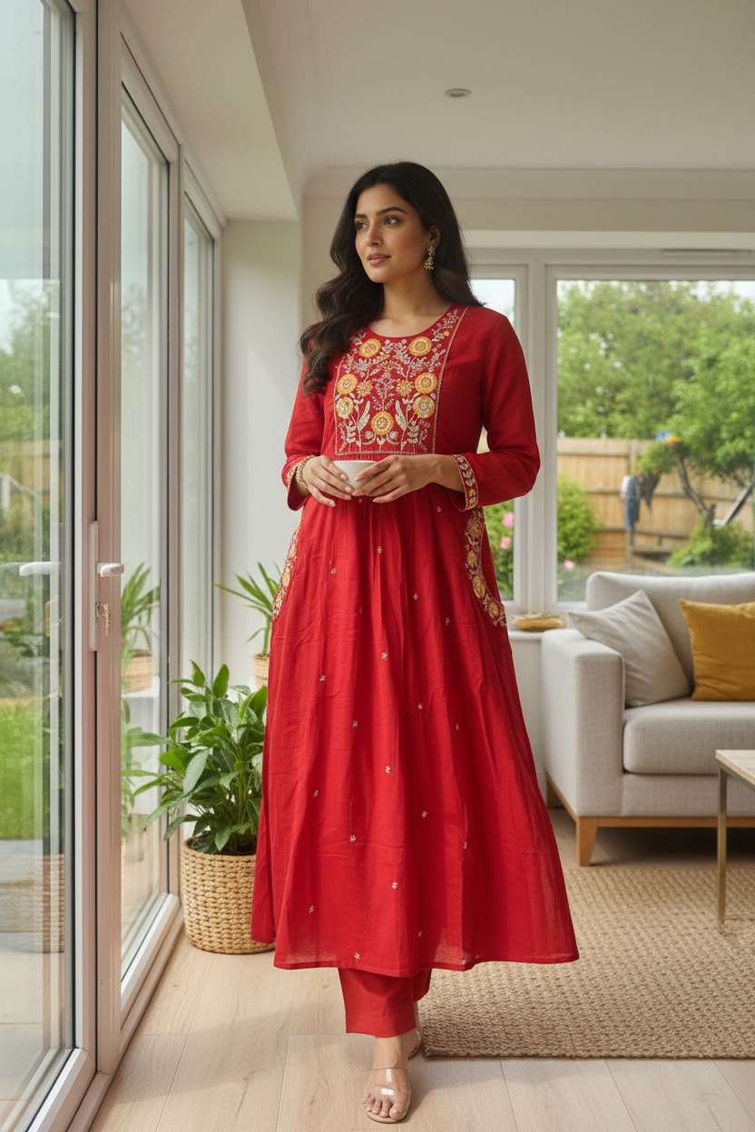 Crimson Mul Cotton Embroidered Salwar Set with Dupatta