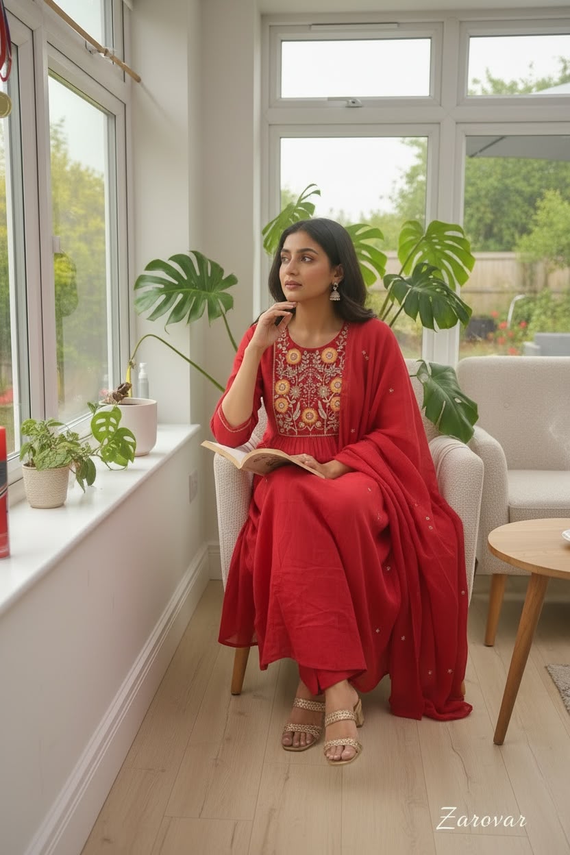 Crimson Mul Cotton Embroidered Salwar Set with Dupatta