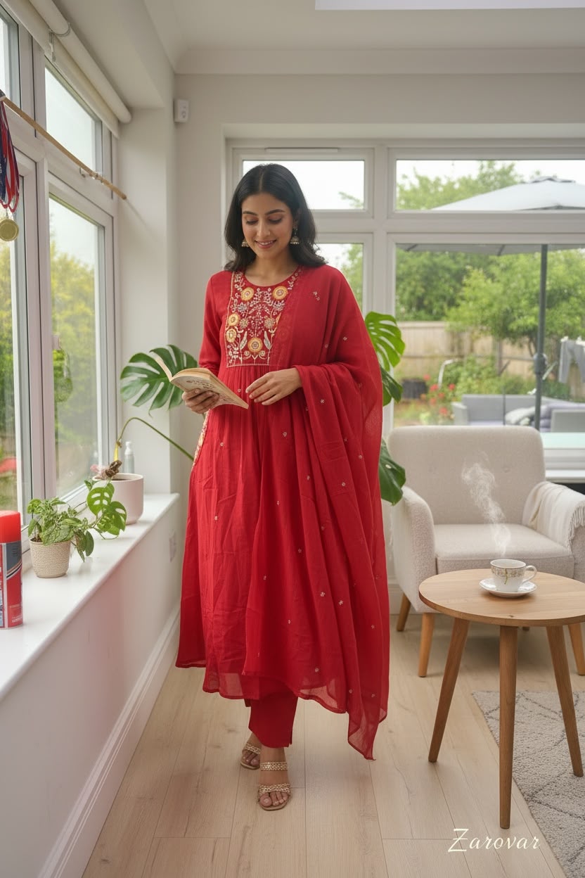 Crimson Mul Cotton Embroidered Salwar Set with Dupatta