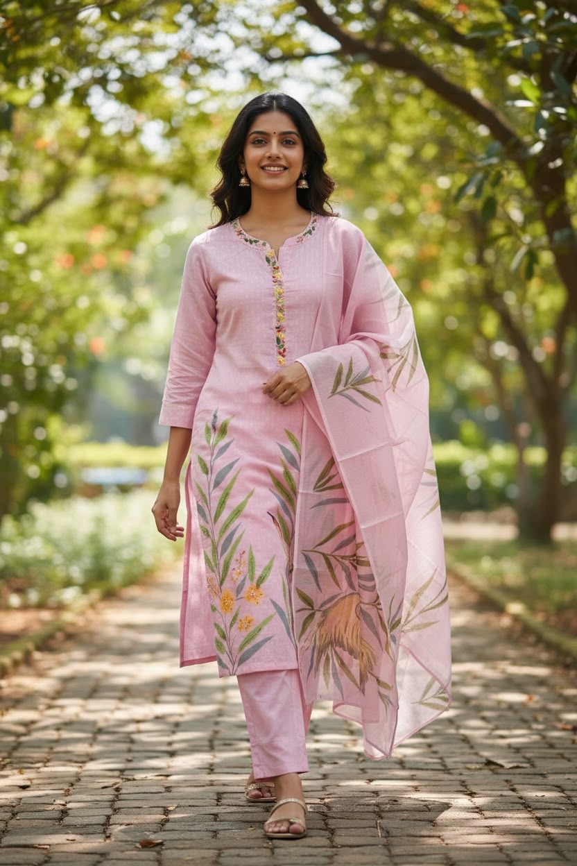 Blush Pink Pure Cotton Hand-Painted Salwar Set with Organza Dupatta