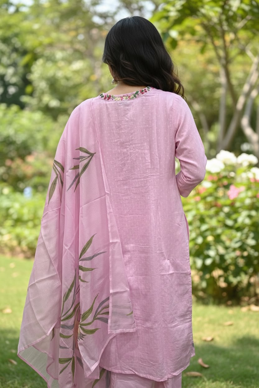 Blush Pink Pure Cotton Hand-Painted Salwar Set with Organza Dupatta