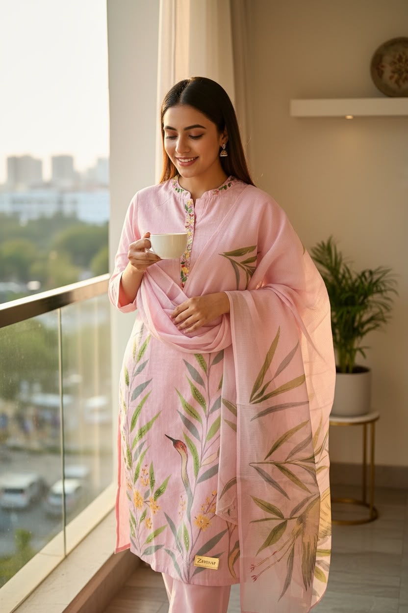 Blush Pink Pure Cotton Hand-Painted Salwar Set with Organza Dupatta