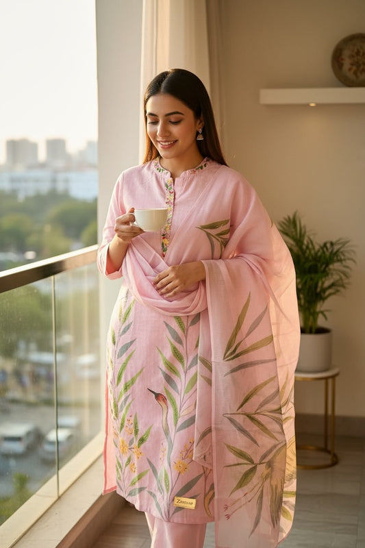 Blush Pink Pure Cotton Hand-Painted Salwar Set with Organza Dupatta