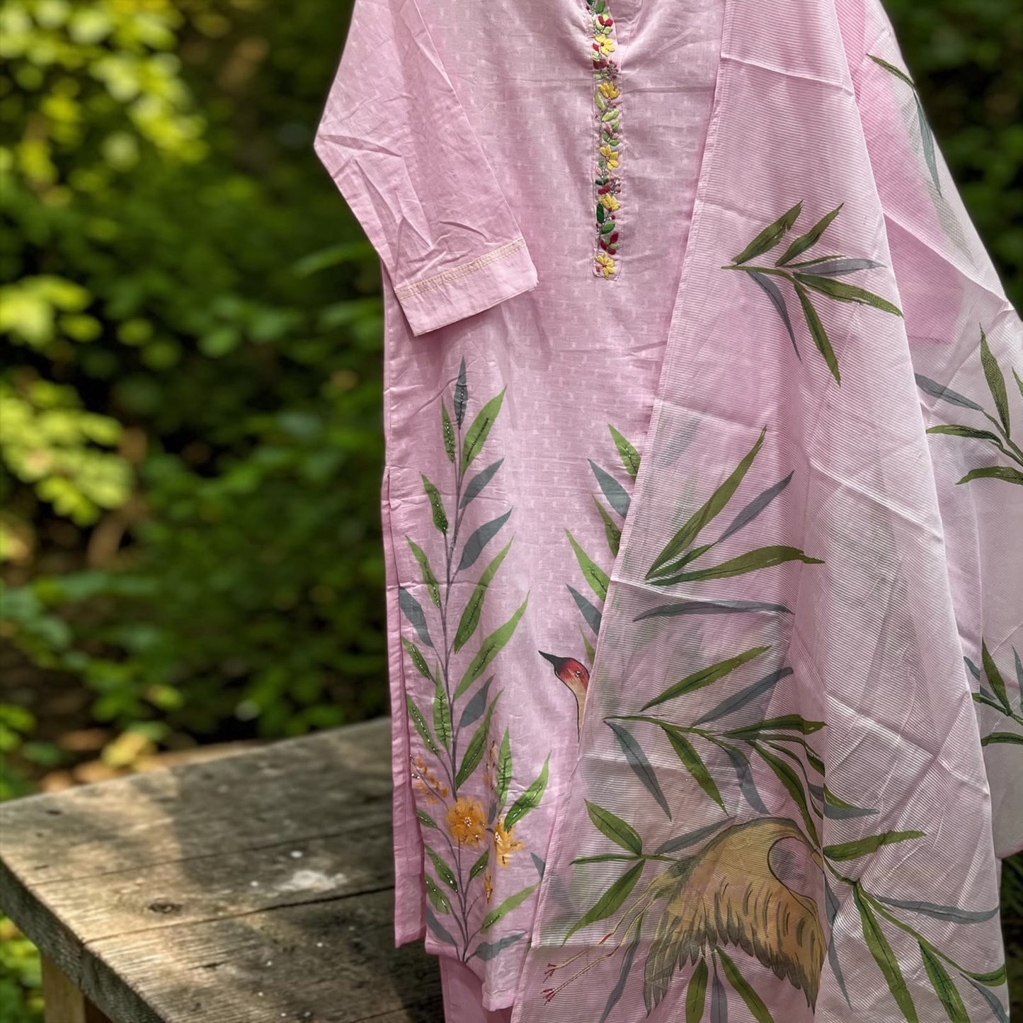 Blush Pink Pure Cotton Hand-Painted Salwar Set with Organza Dupatta