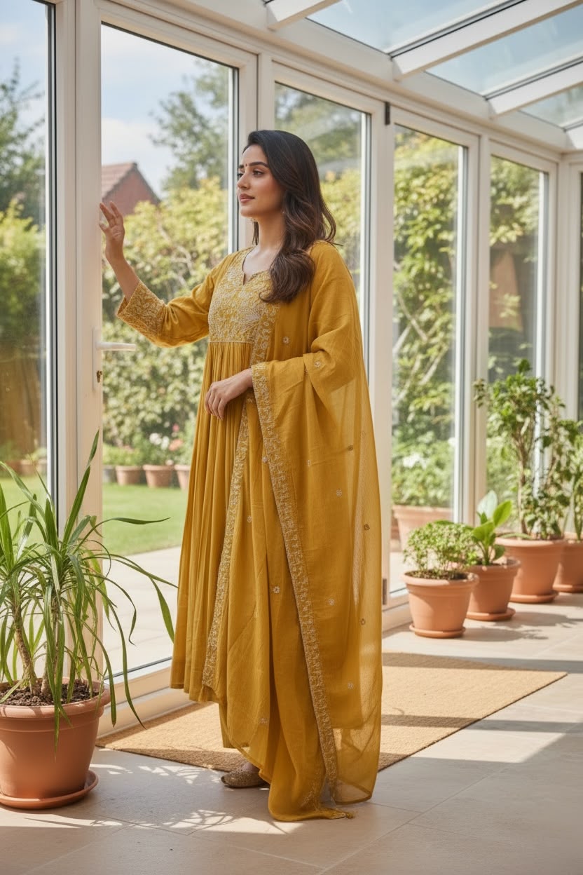 MUL56-Mustard Yellow Pure Mul Cotton Anarkali Salwar Set with Silver Thread Embroidery