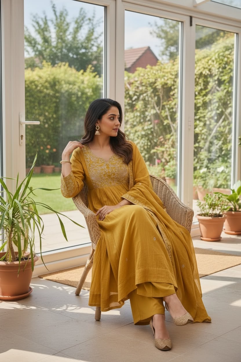 MUL56-Mustard Yellow Pure Mul Cotton Anarkali Salwar Set with Silver Thread Embroidery