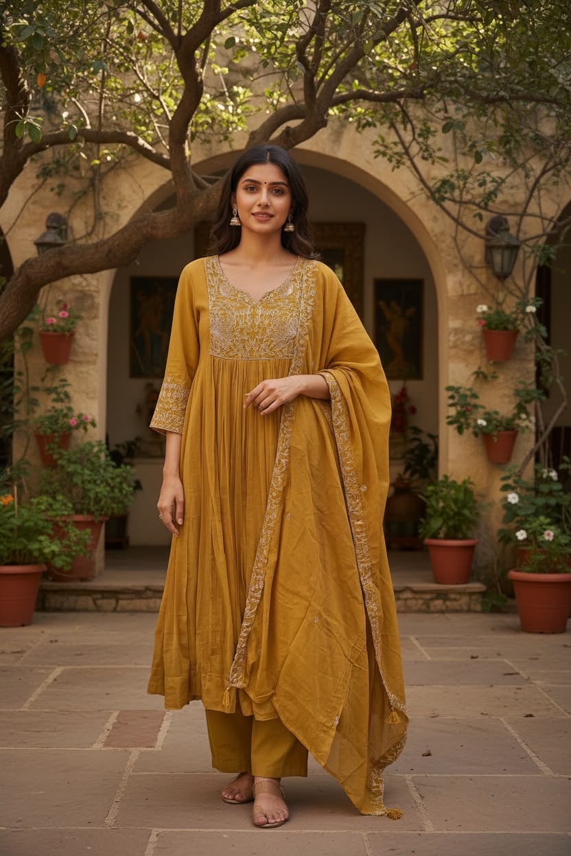 MUL56-Mustard Yellow Pure Mul Cotton Anarkali Salwar Set with Silver Thread Embroidery