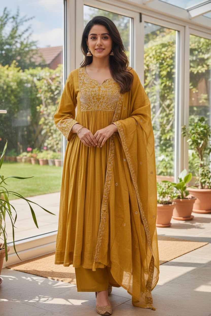 MUL56-Mustard Yellow Pure Mul Cotton Anarkali Salwar Set with Silver Thread Embroidery