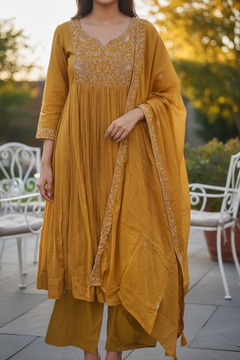 MUL56-Mustard Yellow Pure Mul Cotton Anarkali Salwar Set with Silver Thread Embroidery