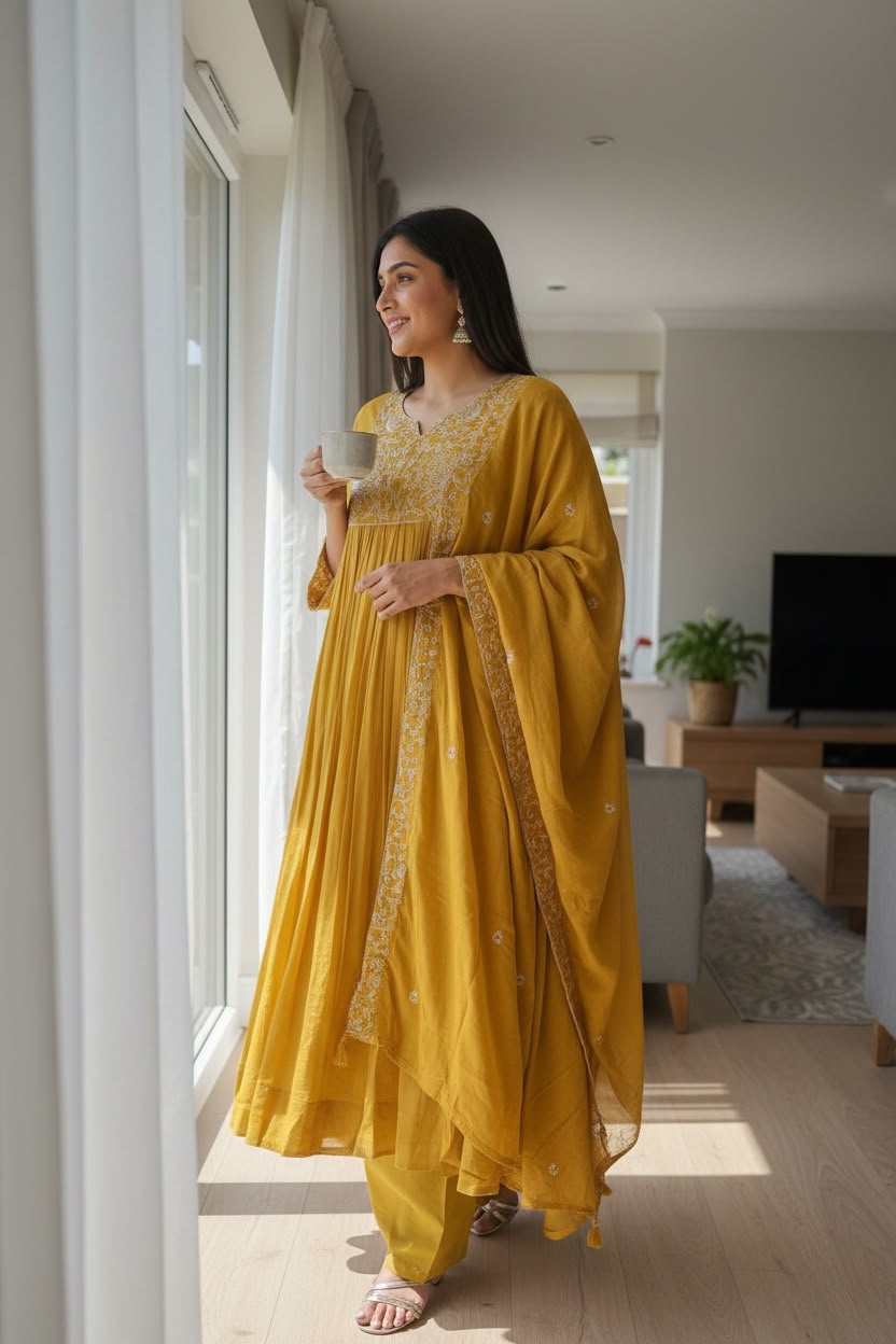 MUL56-Mustard Yellow Pure Mul Cotton Anarkali Salwar Set with Silver Thread Embroidery