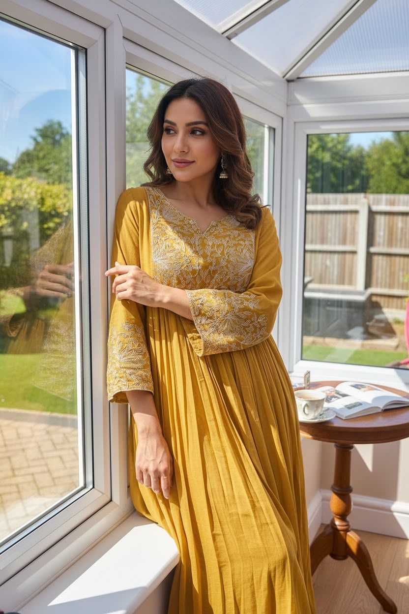 MUL56-Mustard Yellow Pure Mul Cotton Anarkali Salwar Set with Silver Thread Embroidery