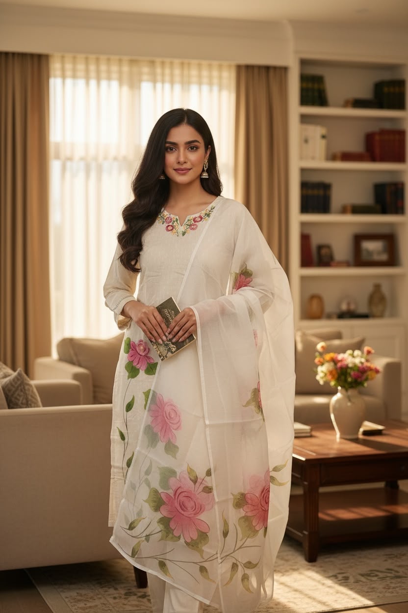 Pure Cotton Hand-Painted Floral Salwar Set with Organza Dupatta