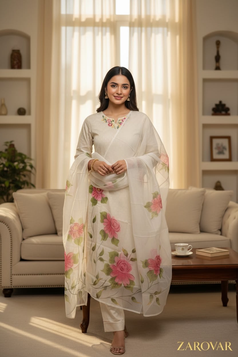 Pure Cotton Hand-Painted Floral Salwar Set with Organza Dupatta