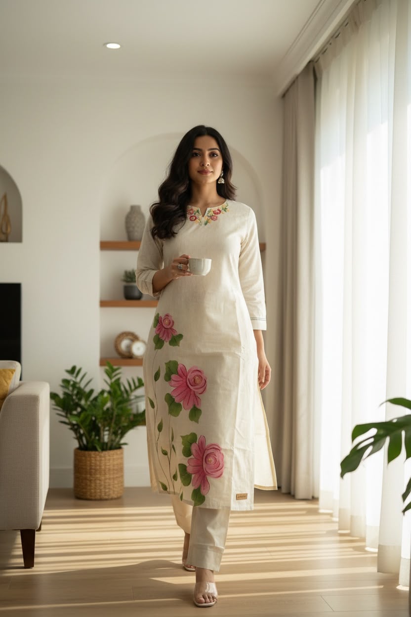 Pure Cotton Hand-Painted Floral Salwar Set with Organza Dupatta