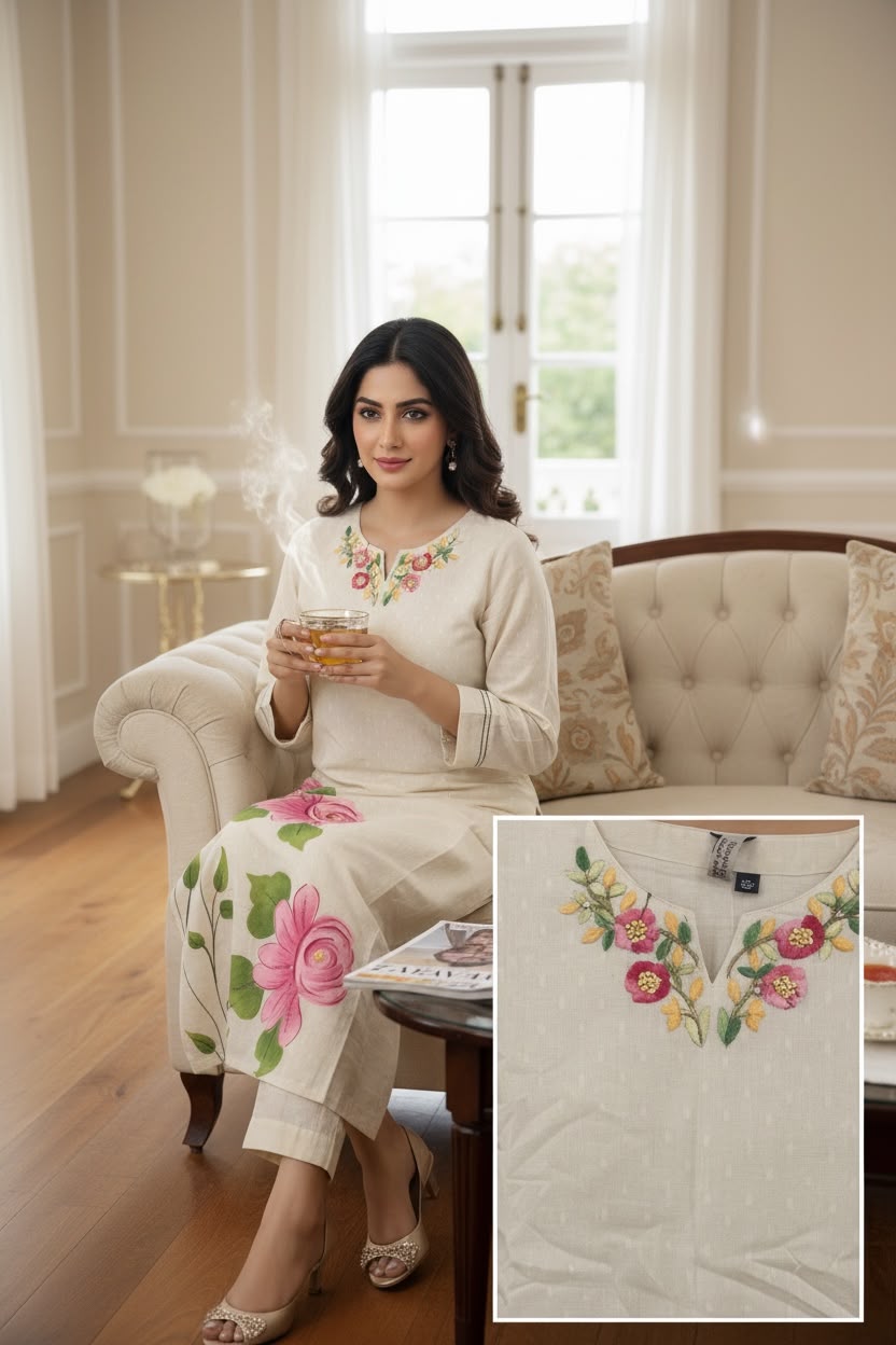 Pure Cotton Hand-Painted Floral Salwar Set with Organza Dupatta