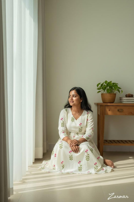 Pure Cotton Pink Blossom Maxi Dress with Cotton Lining