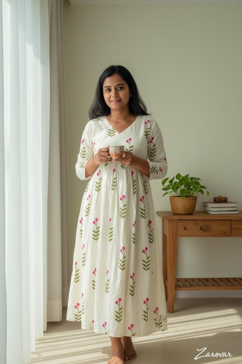 Pure Cotton Pink Blossom Maxi Dress with Cotton Lining