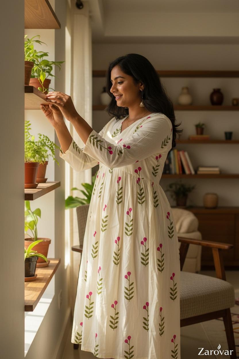 Pure Cotton Pink Blossom Maxi Dress with Cotton Lining