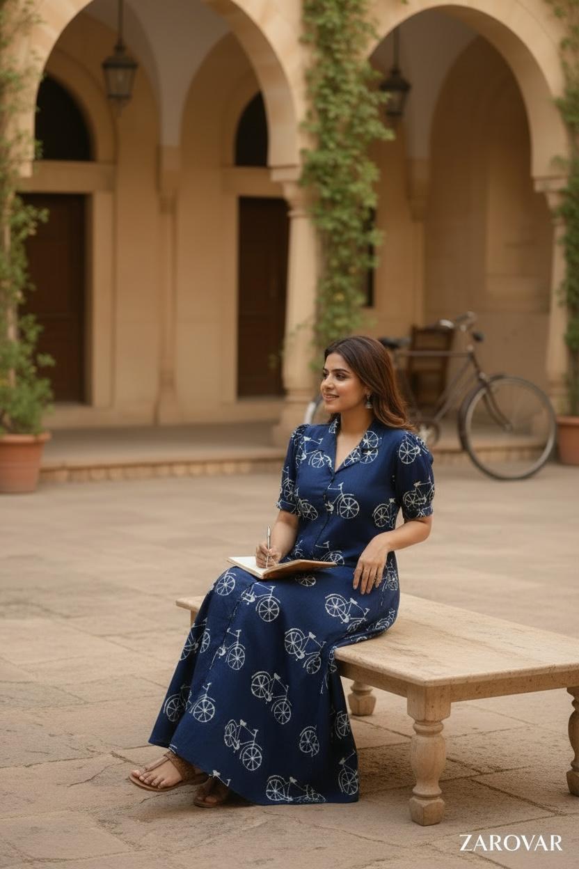 Indigo Blue Pure Cotton Bicycle Printed Maxi Dress