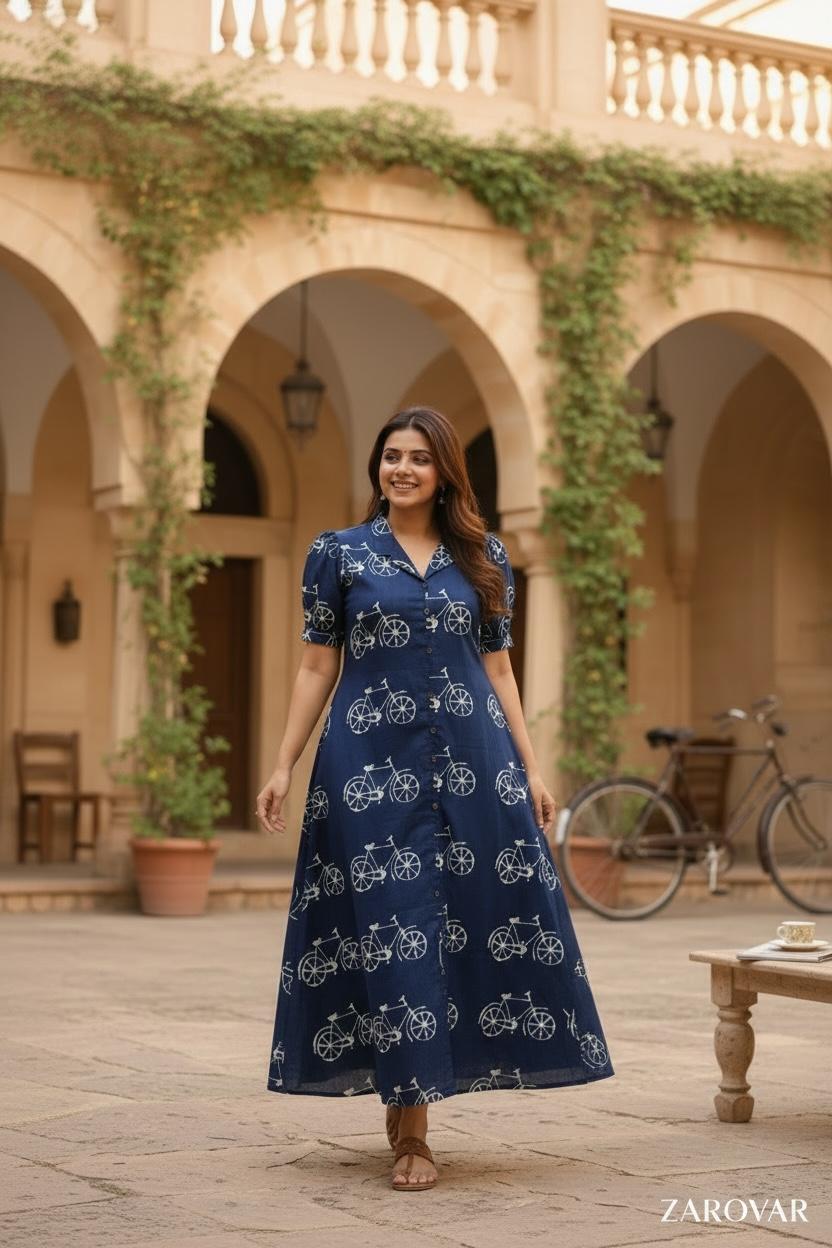 Indigo Blue Pure Cotton Bicycle Printed Maxi Dress
