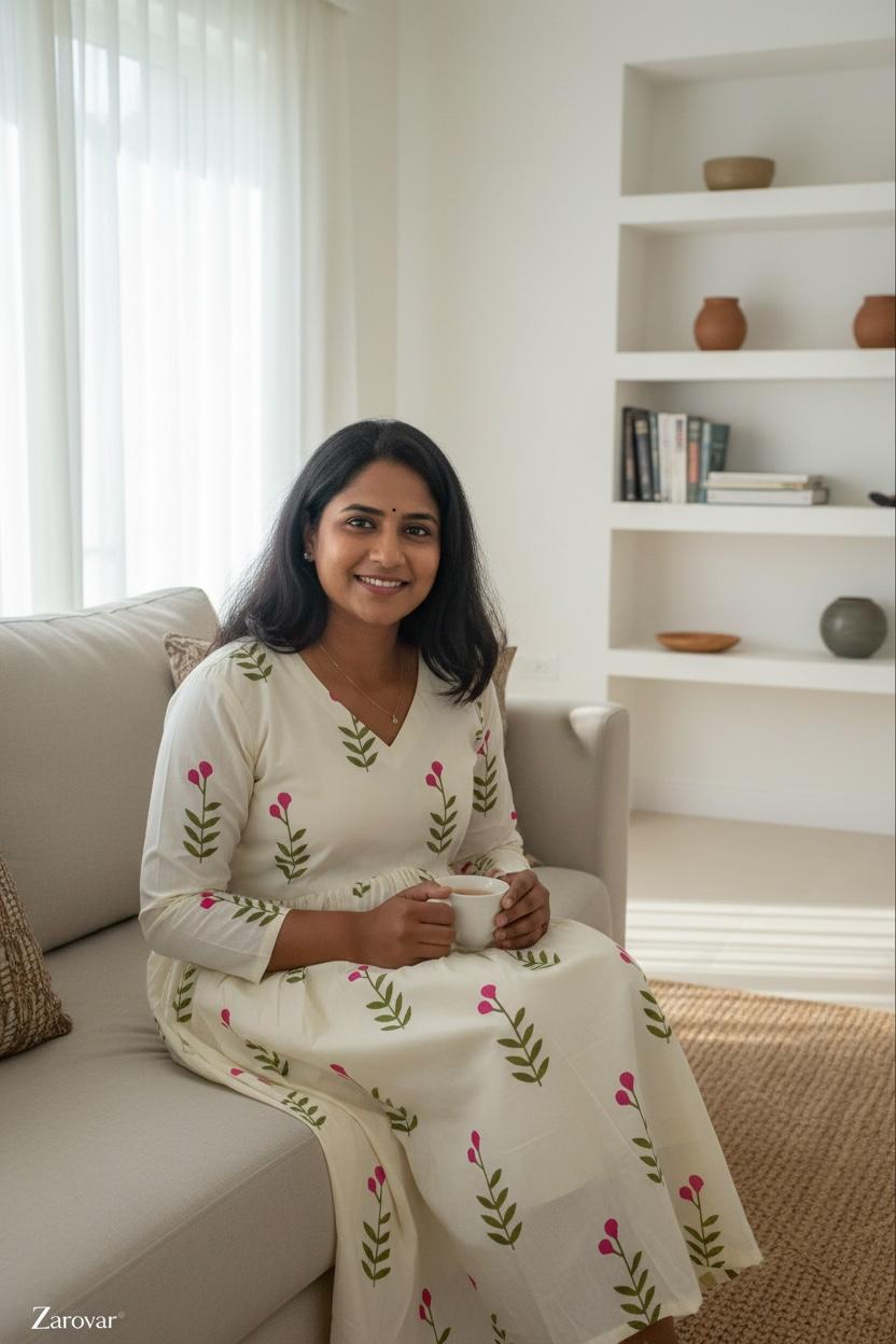 Pure Cotton Pink Blossom Maxi Dress with Cotton Lining