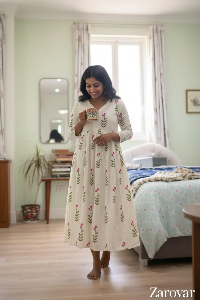 Pure Cotton Pink Blossom Maxi Dress with Cotton Lining