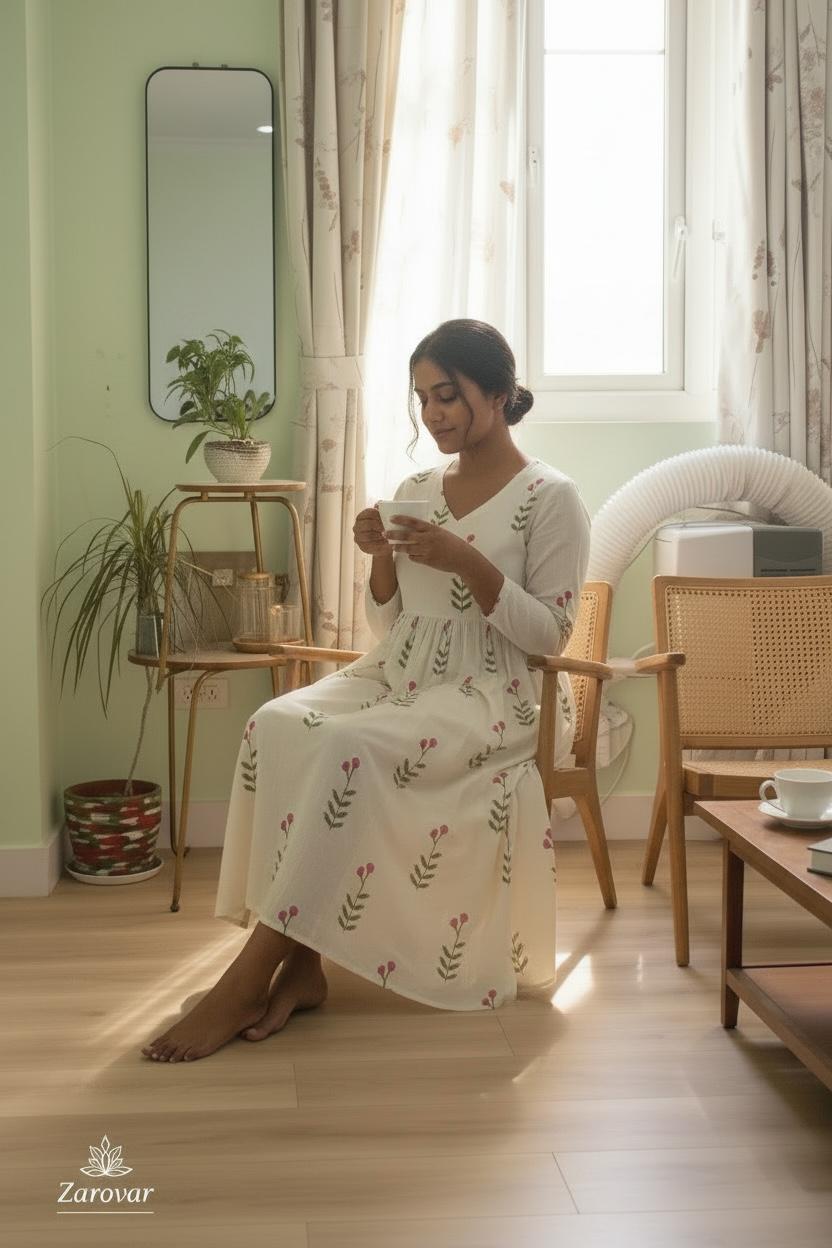 Pure Cotton Pink Blossom Maxi Dress with Cotton Lining