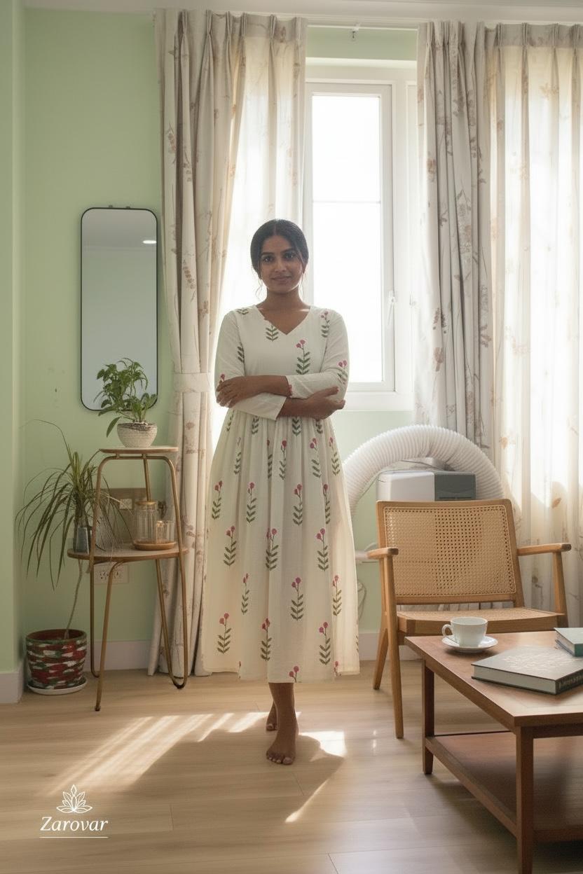 Pure Cotton Pink Blossom Maxi Dress with Cotton Lining