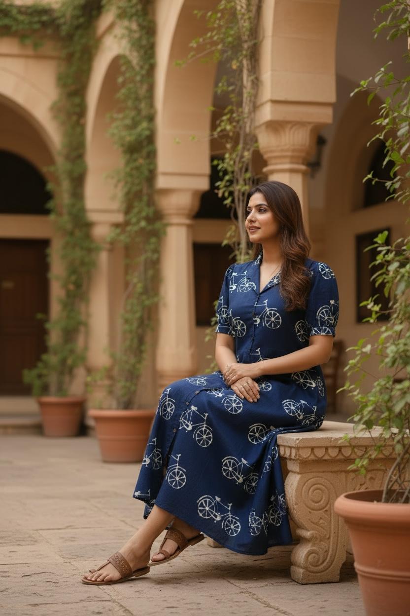 Indigo Blue Pure Cotton Bicycle Printed Maxi Dress