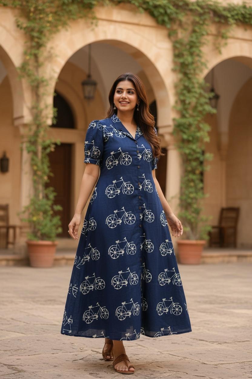 Indigo Blue Pure Cotton Bicycle Printed Maxi Dress