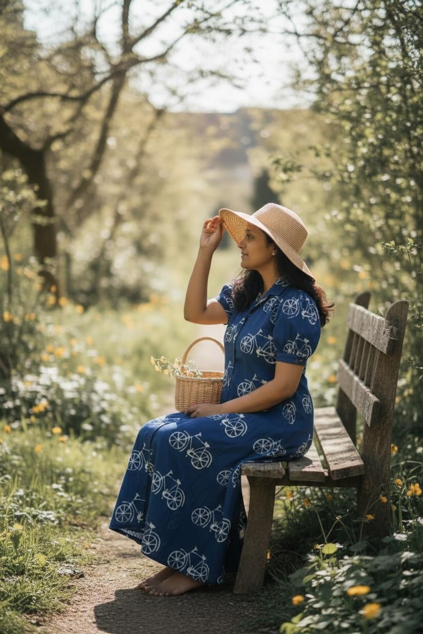 Indigo Blue Pure Cotton Bicycle Printed Maxi Dress