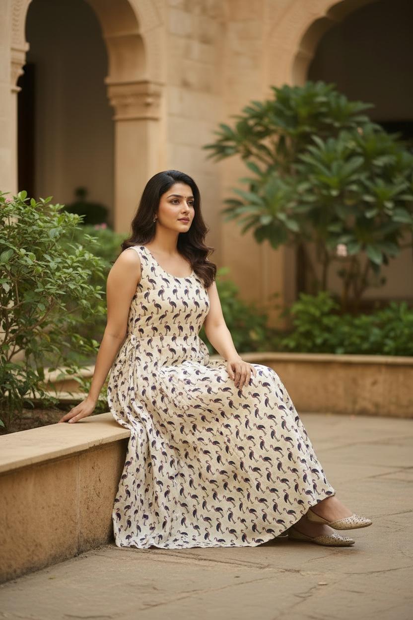Pure Cotton Printed Sleeveless Maxi Dress with Cotton Lining