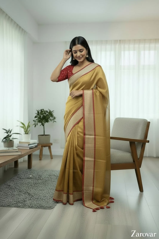 Golden Tissue Saree with Matching Designer Blouse