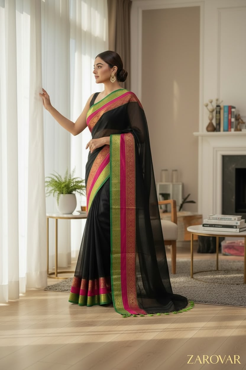 Black- Pure Mulcotton Saree With matching Blouse