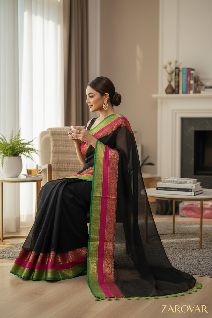Black- Pure Mulcotton Saree With matching Blouse