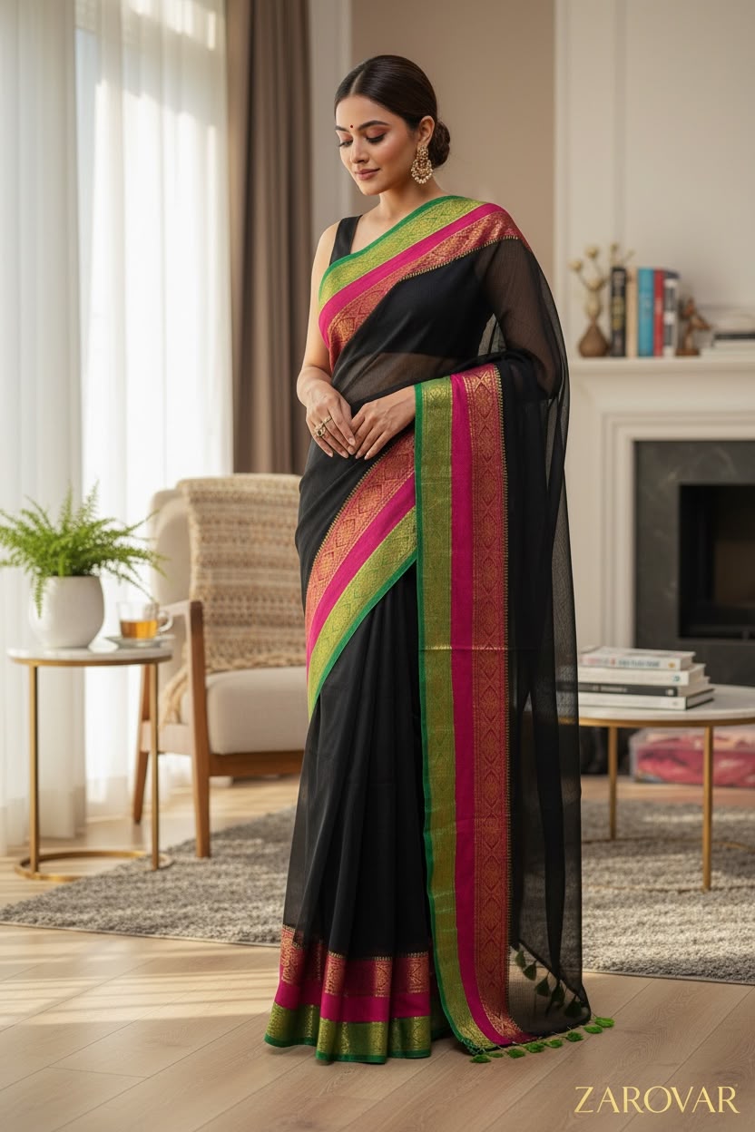 Black- Pure Mulcotton Saree With matching Blouse